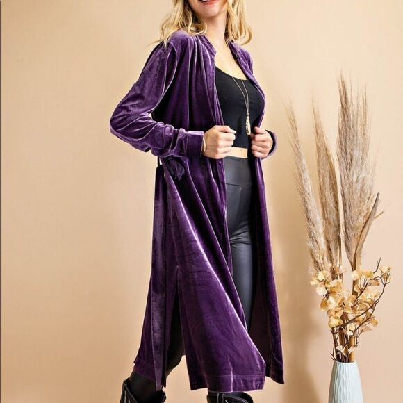 Dark Teal Velvet Boho Lace Up Tassel Sleeve Belted Open Cardigan Jacket - Picture 8 of 16